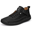 Black leather lace-up sneaker with hook-and-loop strap, three-quarter view