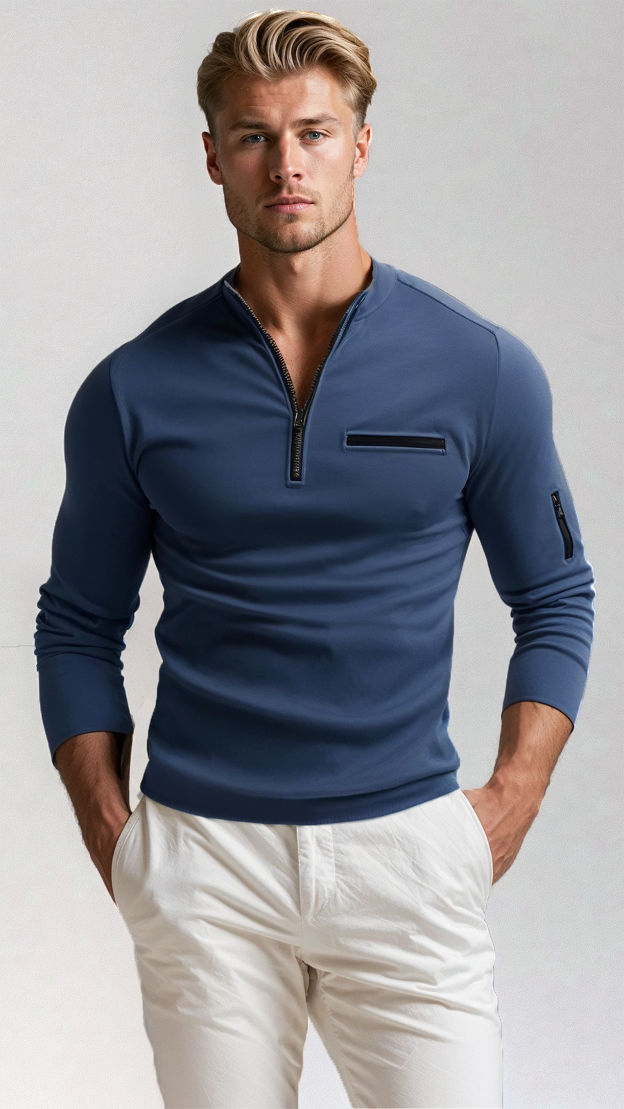 Men's Quarter Zip Sweater Chest Arm Pockets