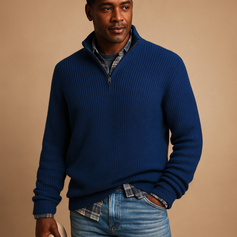 Men's Quarter Zip Sweater Collared Ribbed Winter – Dark Blue