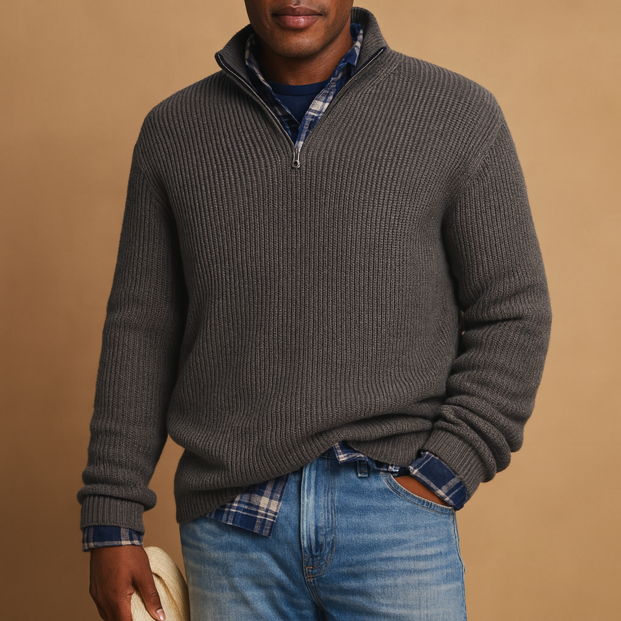 Men's Quarter Zip Sweater Collared Ribbed Winter