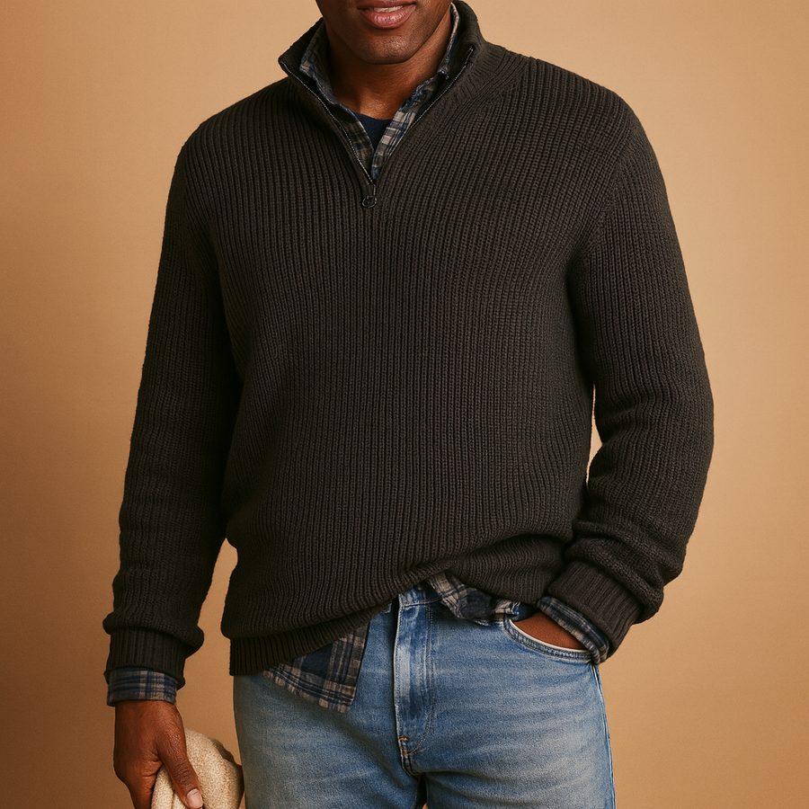Men's Quarter Zip Sweater Collared Ribbed Winter