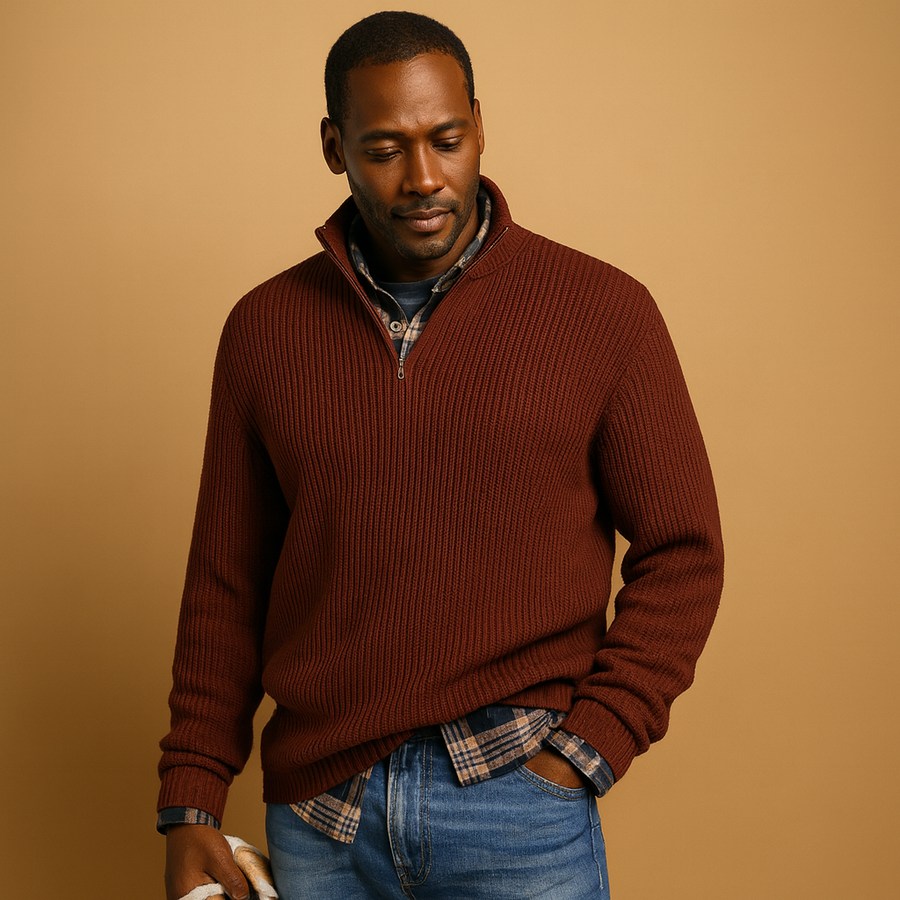 Men's Quarter Zip Sweater Collared Ribbed Winter
