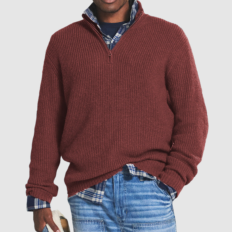 Men's Quarter Zip Sweater Ribbed Crew Collar
