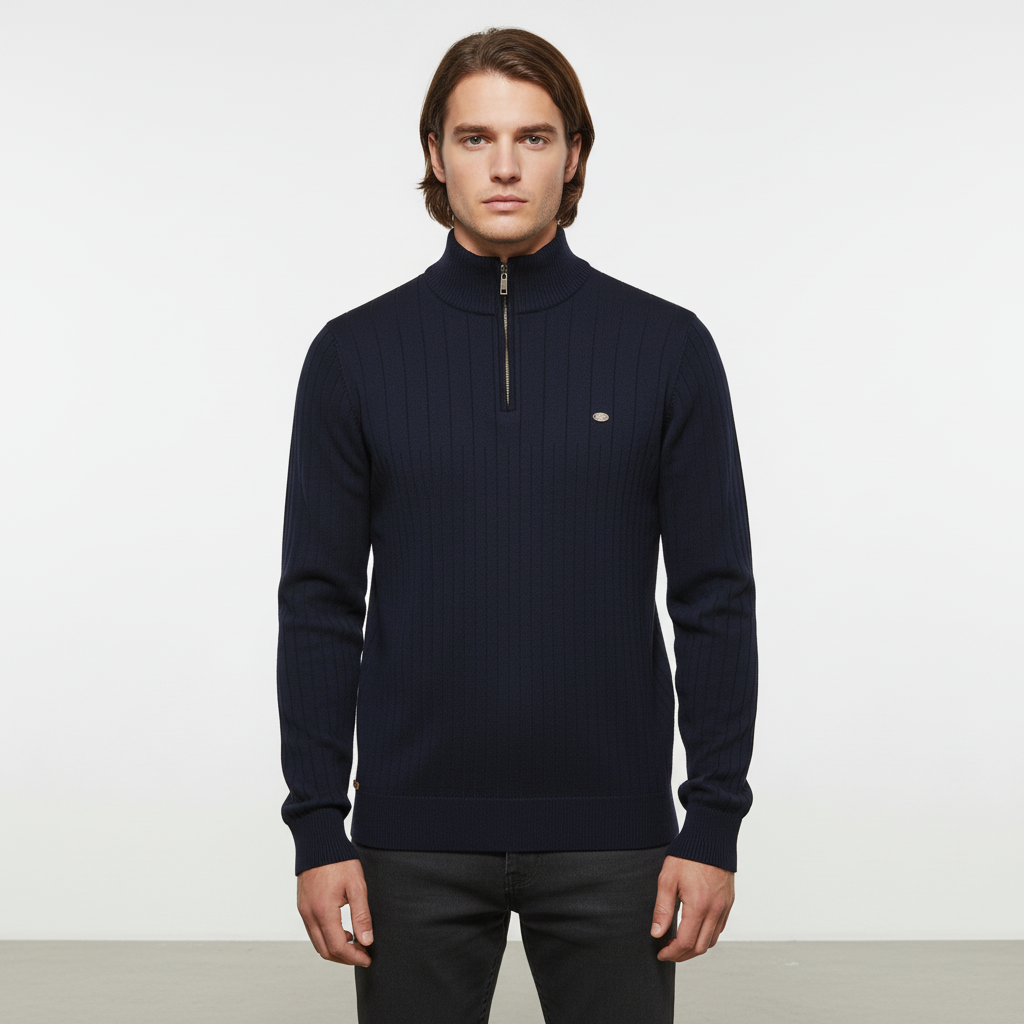 Men's Quarter Zip Sweater Ribbed Mock Neck
