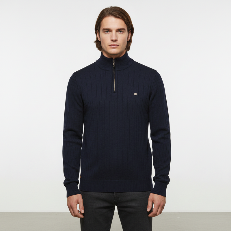 Men's Quarter Zip Sweater Ribbed Mock Neck – Navy
