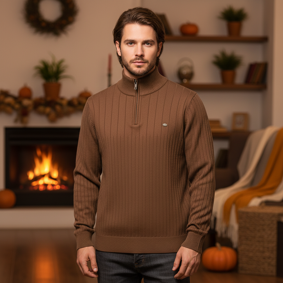 Men's Quarter Zip Sweater Ribbed Mock Neck