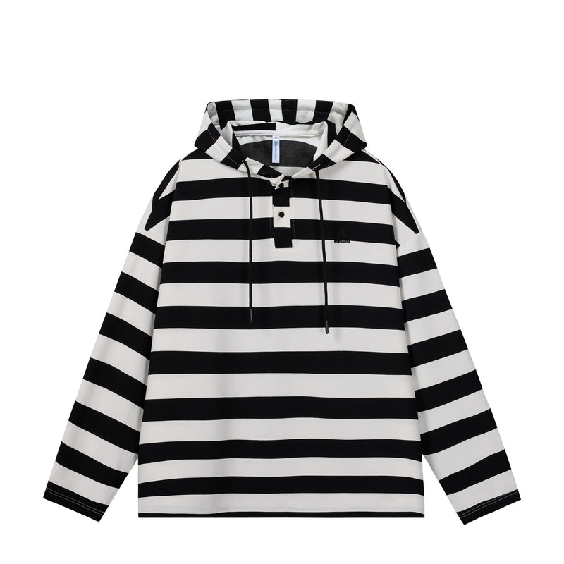 Men's Rugby Shirt Hooded Striped Drawstring – Black White Striped