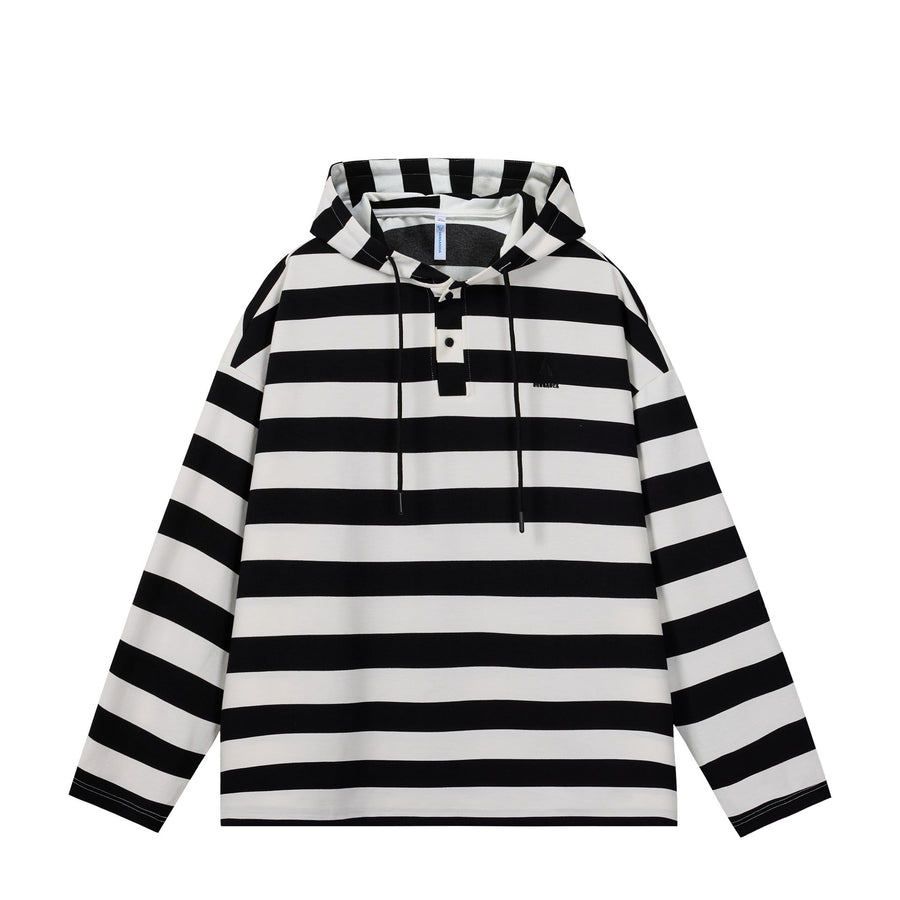Men's Rugby Shirt Hooded Striped Drawstring