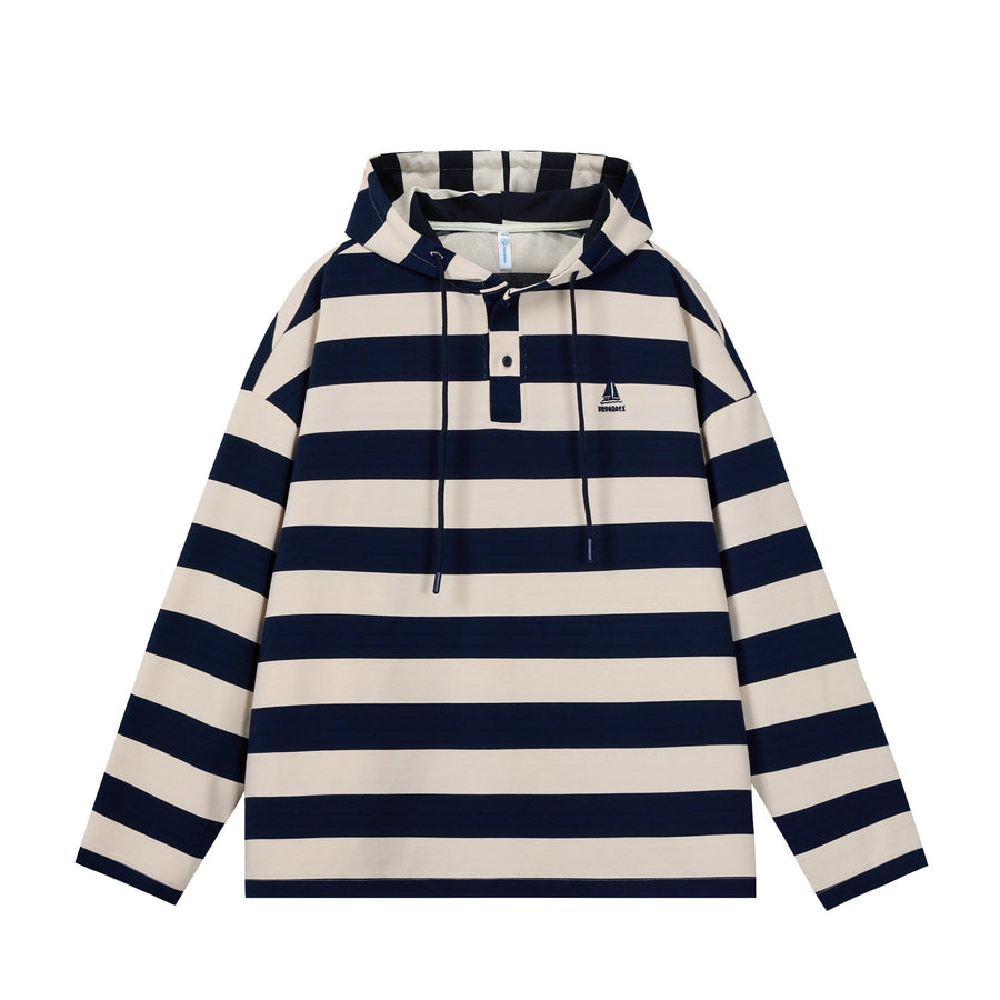 Men's Rugby Shirt Hooded Striped Drawstring