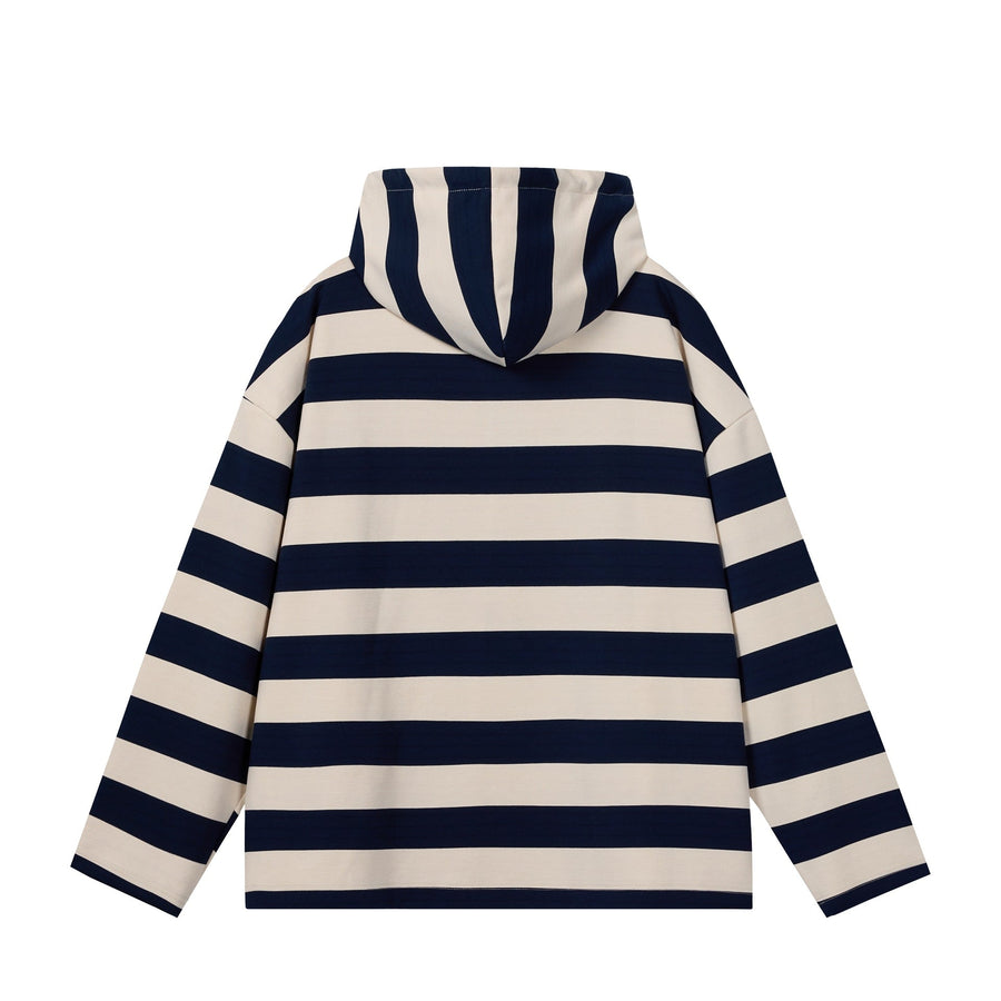 Men's Rugby Shirt Hooded Striped Drawstring