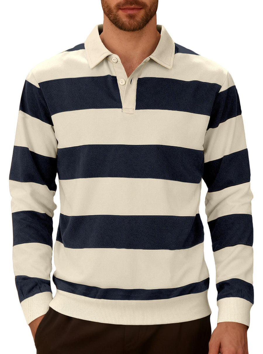Men's Rugby Shirt Striped Long Sleeve Polo