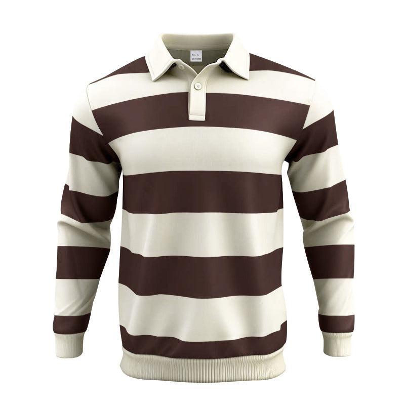 Men's Rugby Shirt Striped Polo Collar Long Sleeve