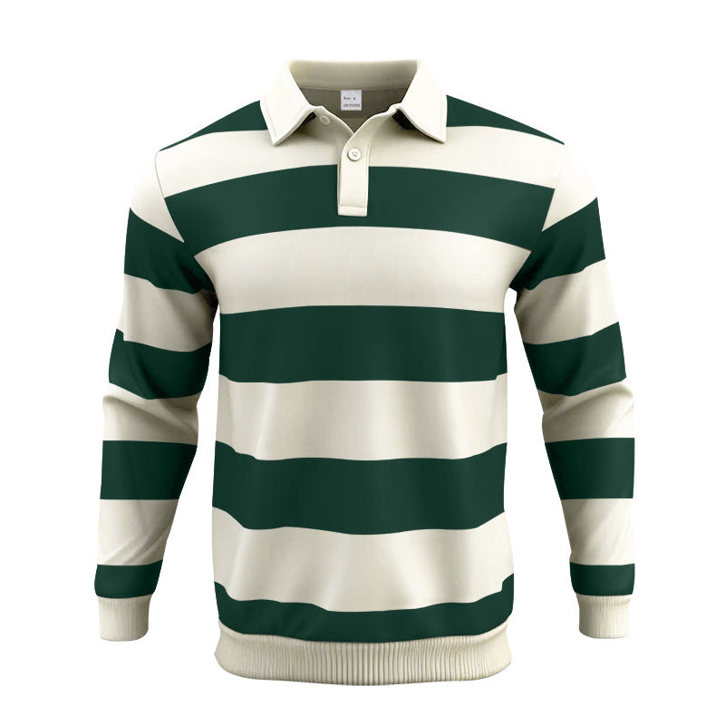 Men's Rugby Shirt Striped Polo Collar Long Sleeve