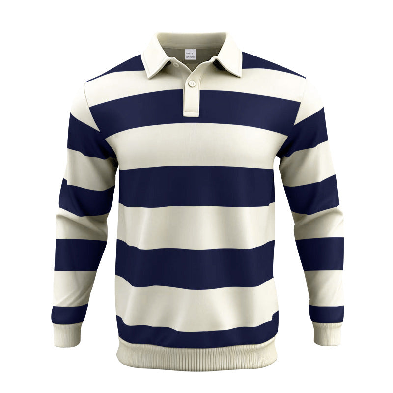 Men's Rugby Shirt Striped Polo Collar Long Sleeve