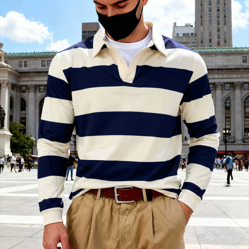 Men's Rugby Shirt Striped Polo Collar Long Sleeve