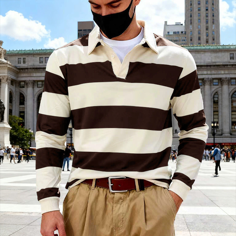 Men's Rugby Shirt Striped Polo Collar Long Sleeve