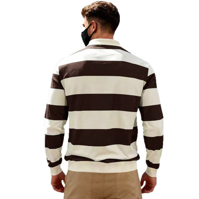 Men's Rugby Shirt Striped Polo Collar Long Sleeve