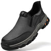 Grey leather slip-on shoe with rugged lugged sole, three-quarter view