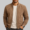 Men's beige zip bomber jacket - front view showing zip closure and collar