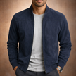 Men's dark blue zip bomber jacket - three-quarter front view