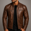 Men's brown zip jacket with stand collar - full front view