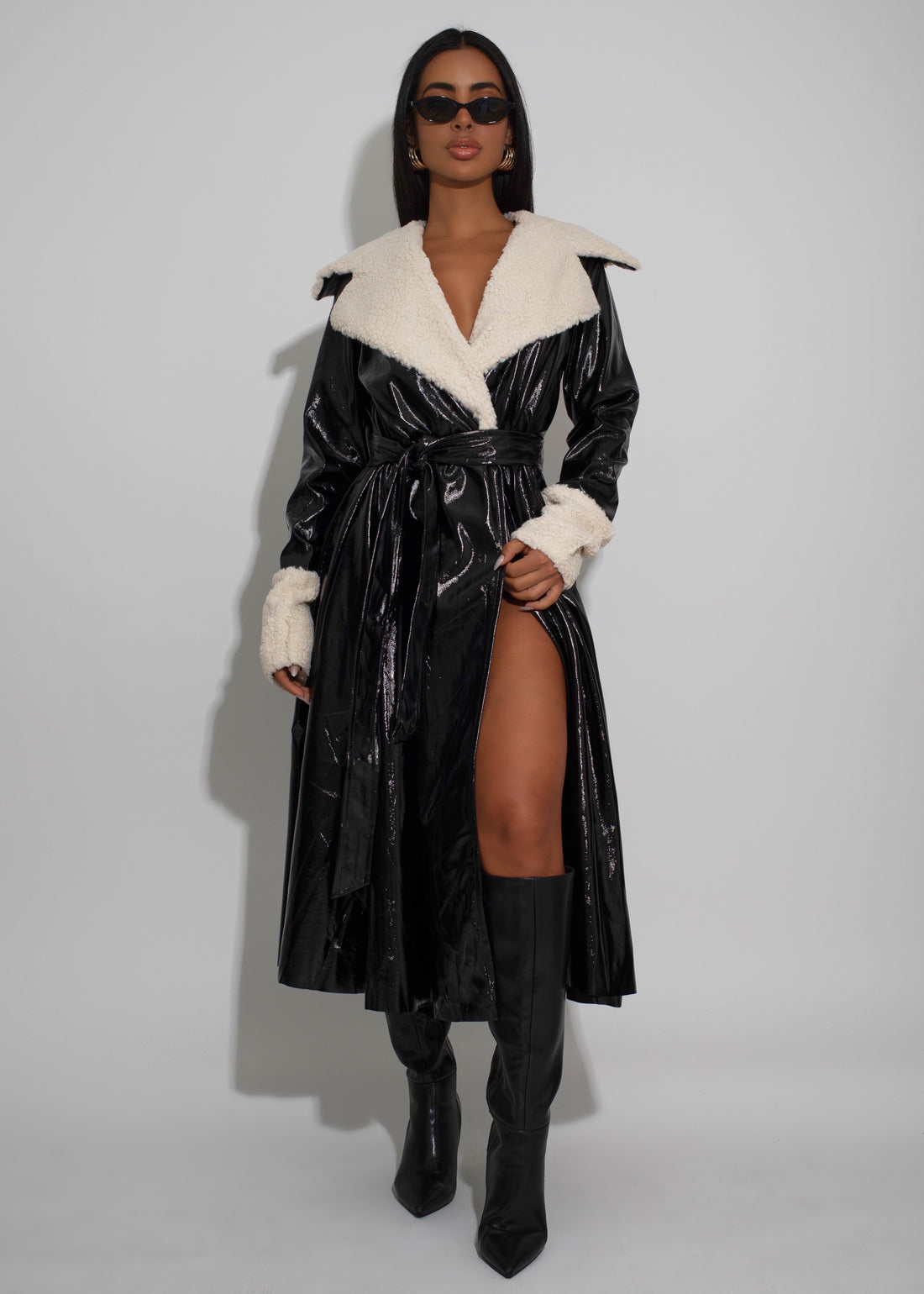 Women's Belted Overcoat Sherpa Collar