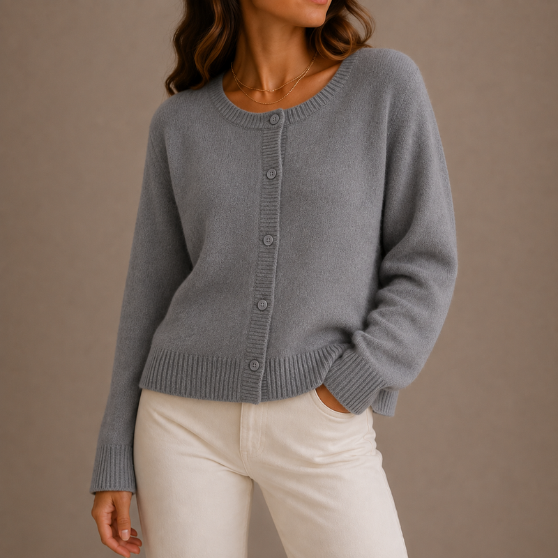 Women's Button-Front Cardigan Ribbed Trim – Gray