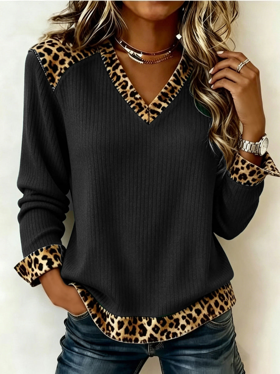 Women's Color Block Leopard V-Neck Sweater
