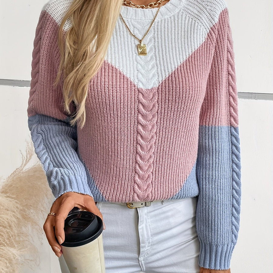 Women's Colorblock Cable Sweater Crew Neck