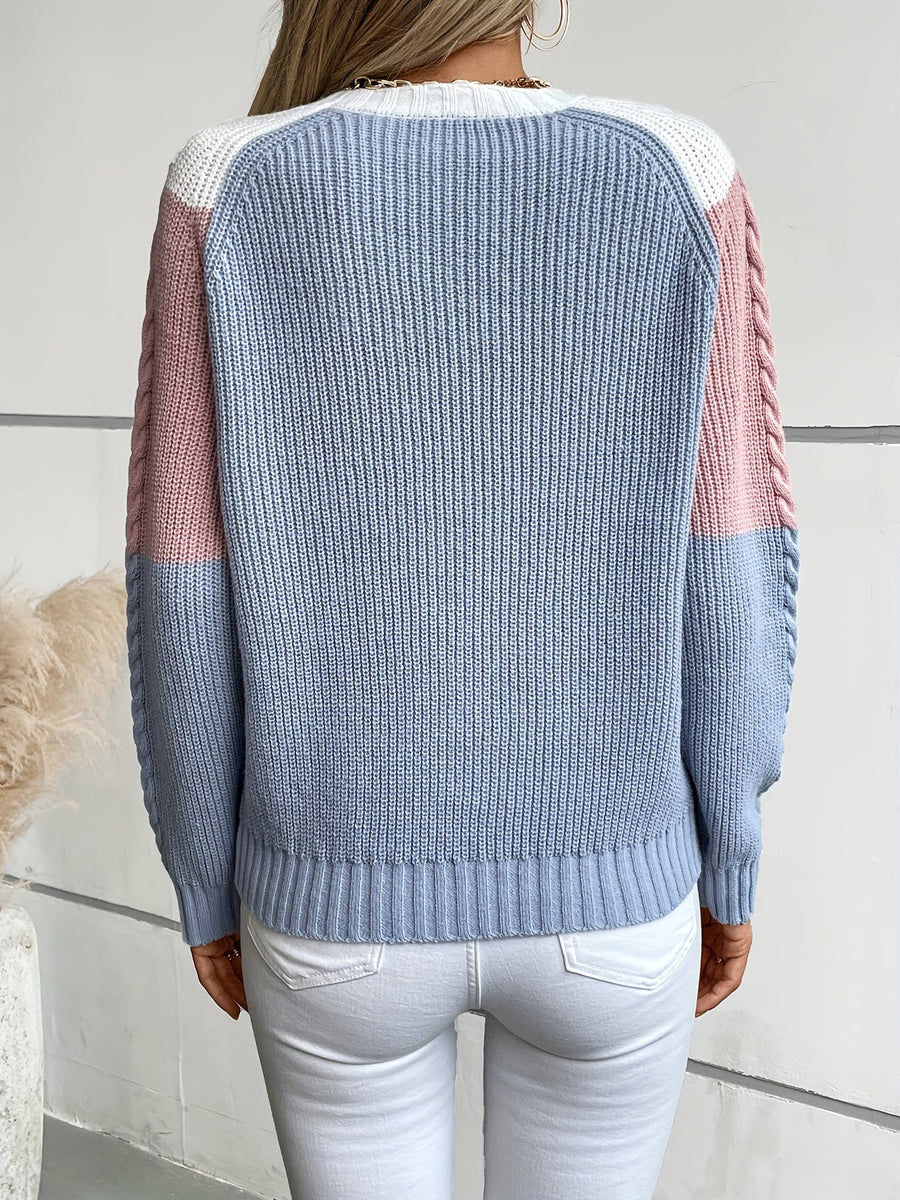 Women's Colorblock Cable Sweater Crew Neck