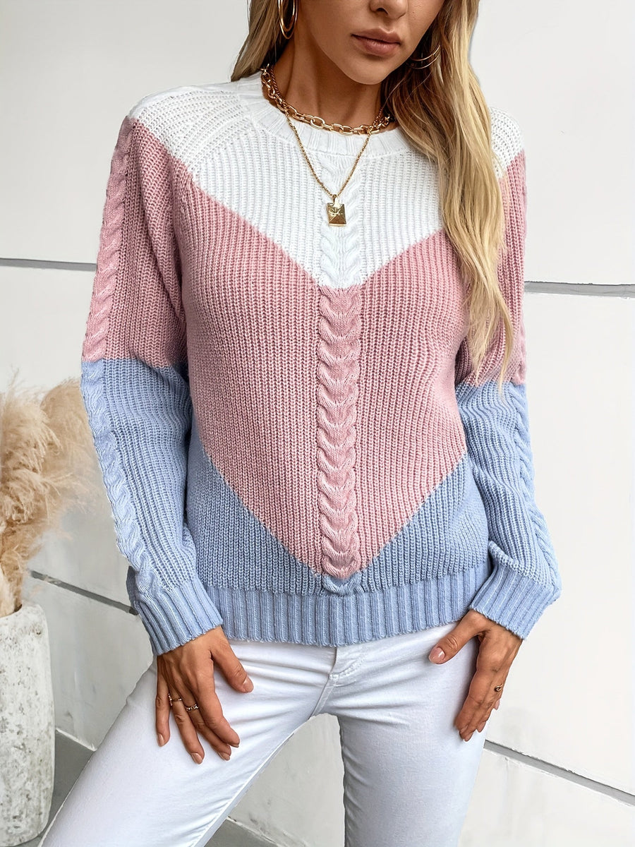 Women's Colorblock Cable Sweater Crew Neck