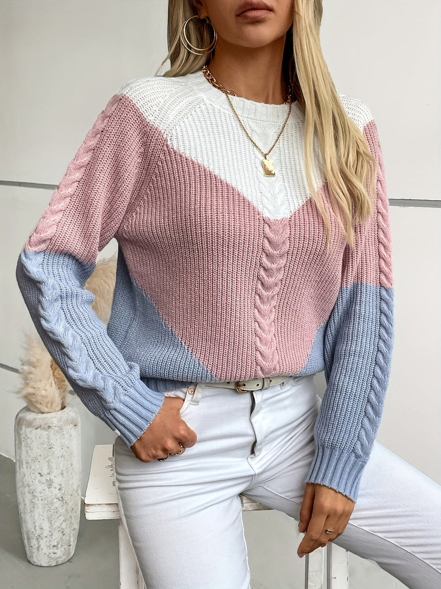 Women's Colorblock Cable Sweater Crew Neck