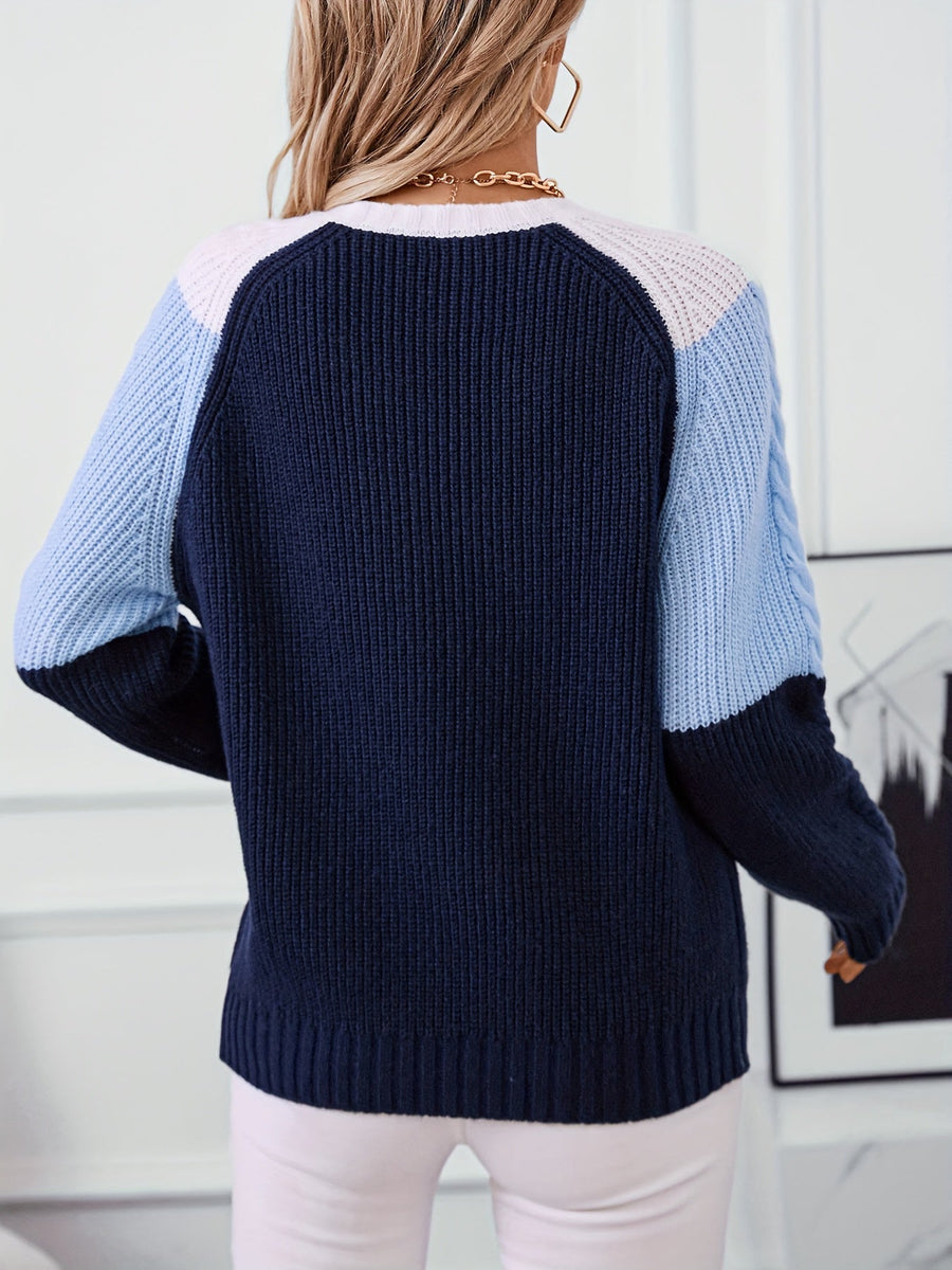 Women's Colorblock Cable Sweater Crew Neck