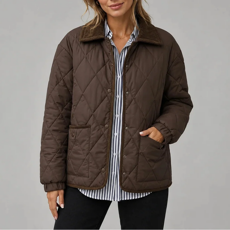 Women's Diamond Quilted Jacket with Button Front – Brown
