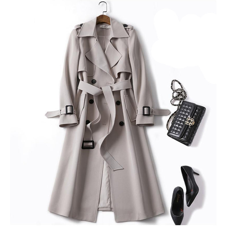 Women's Double-Breasted Belted Trench Coat Longline Silhouette – Apricot