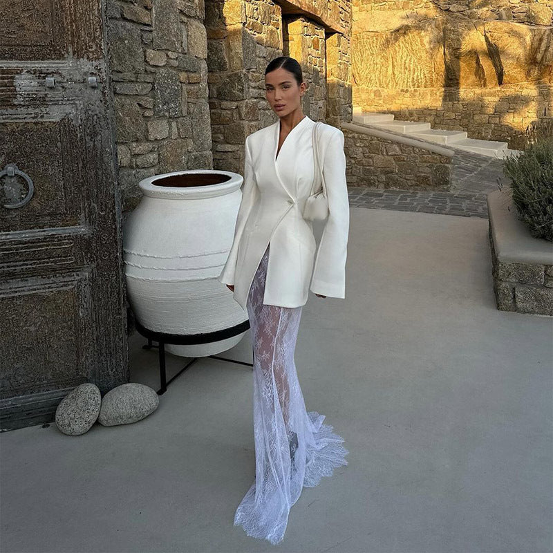 Women's Fall Wedding Guest Dress Lace Skirt – White