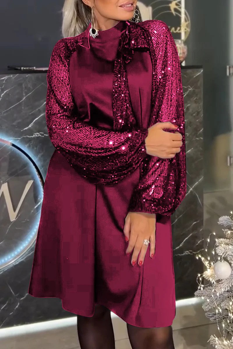 Women's Long Sleeve Fall Wedding Guest Dress Sequin Bow – Purple Red
