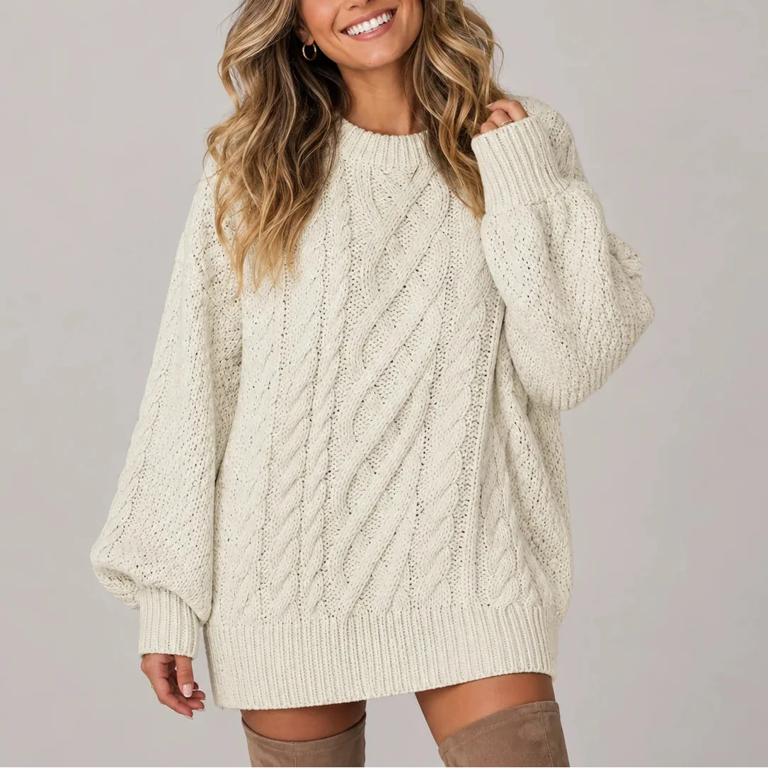 Women's Cable Knit Sweater Puff Sleeves