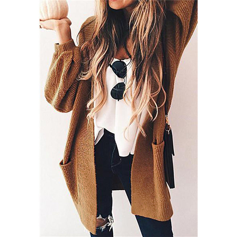 Women's Oversized Longline Cardigan Open Front Pockets – Khaki