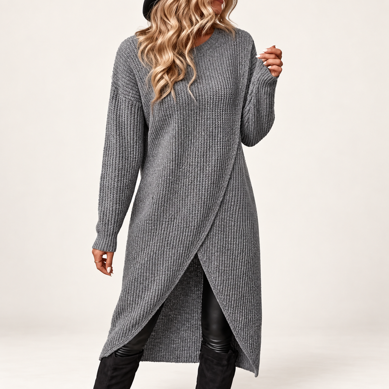 Women's Oversized Wrap Sweater Dress Midi – Gray