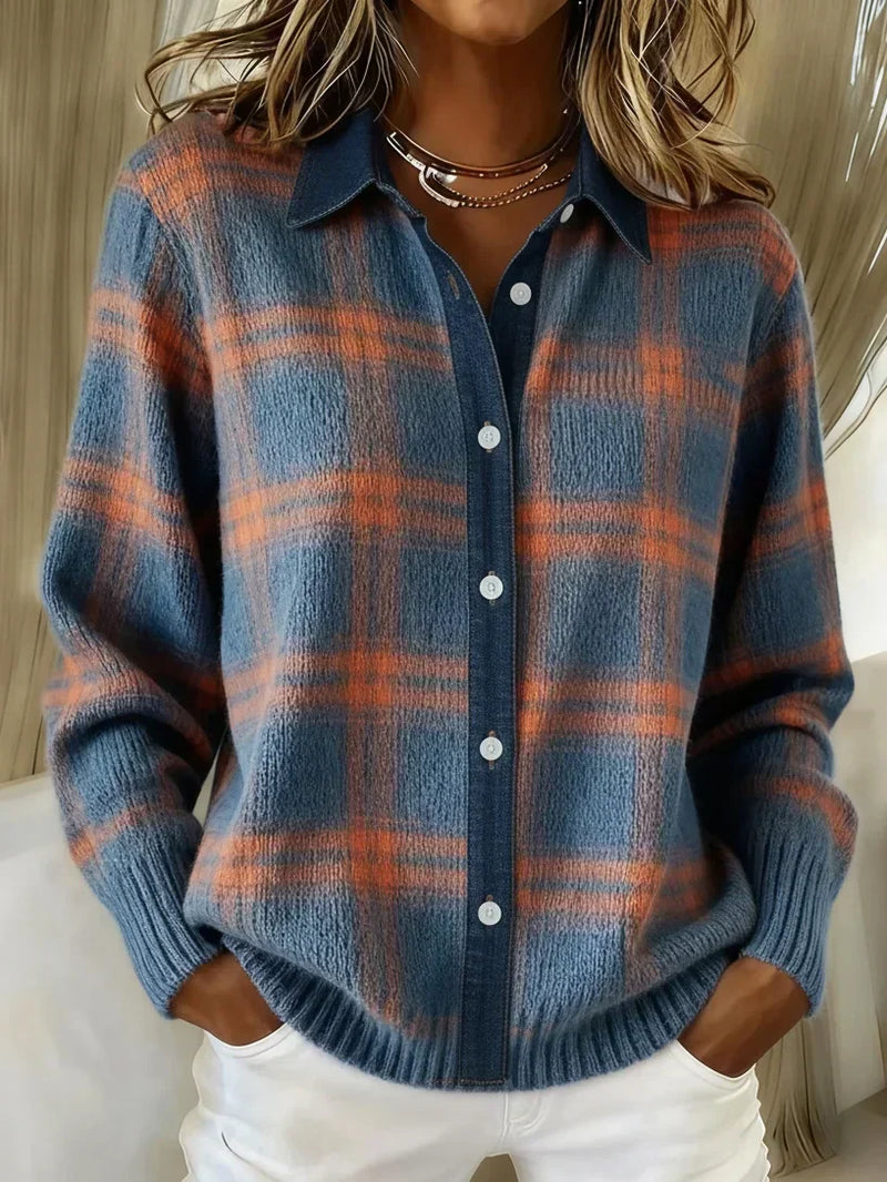 Women's Plaid Knit Button-Front Shirt – Blue And Orange