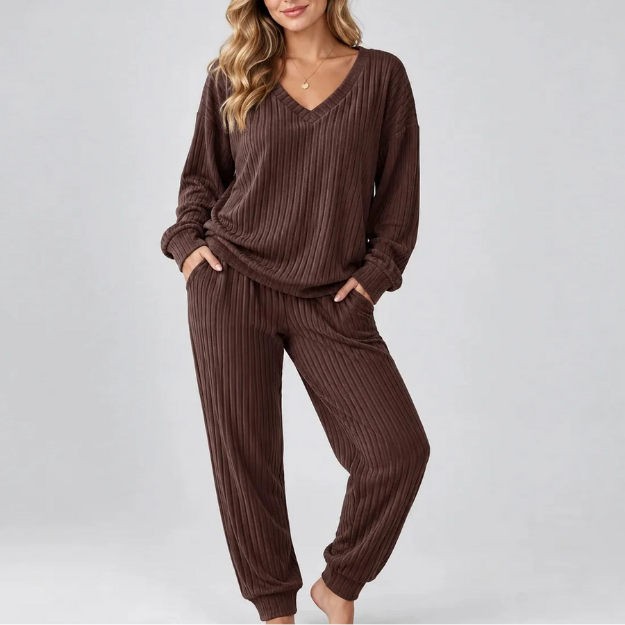 Women's Ribbed Long Sleeve Pajama Set with Pockets