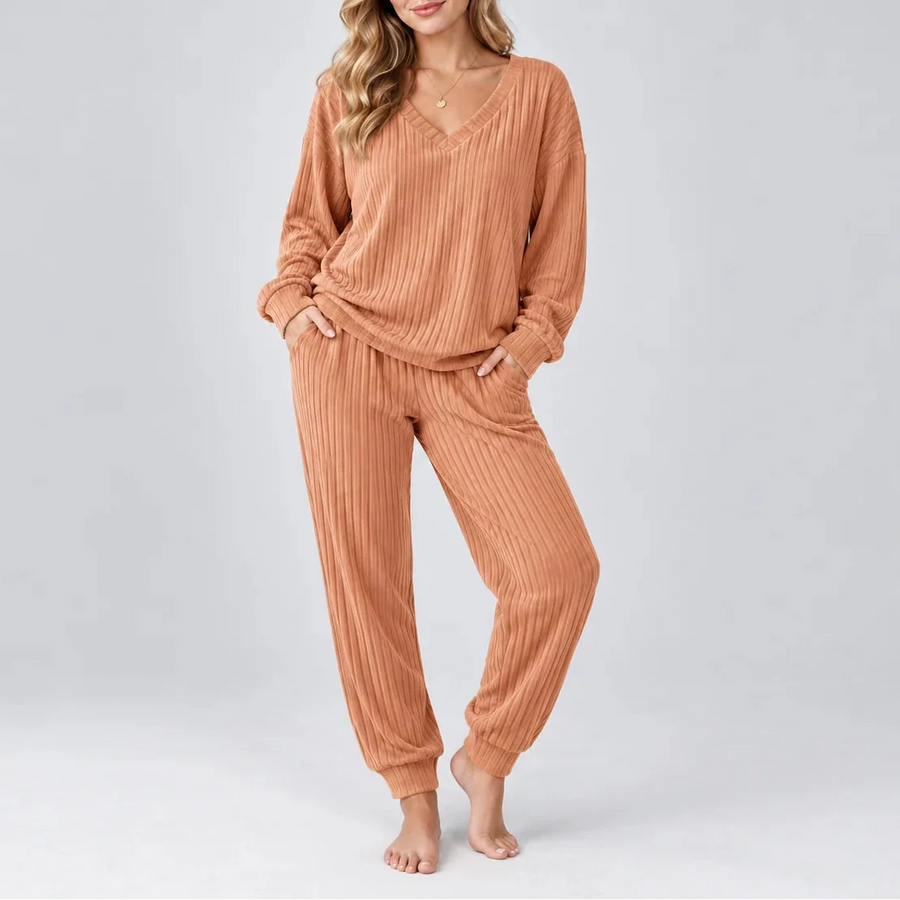 Women's Ribbed Long Sleeve Pajama Set with Pockets