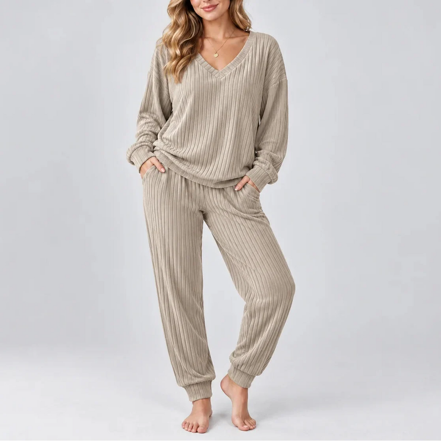 Women's Ribbed Long Sleeve Pajama Set with Pockets