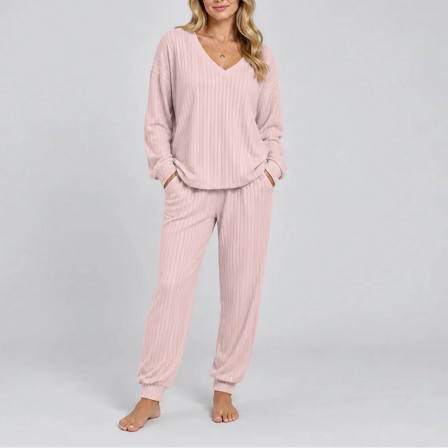Women's Ribbed Long Sleeve Pajama Set with Pockets