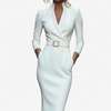 Woman wearing a white belted midi dress