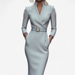 Woman wearing a grey belted midi dress