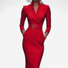 Woman wearing a red belted midi dress
