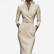 Woman wearing a beige belted midi dress