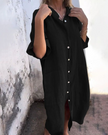 Black button-front shirt dress with tie belt